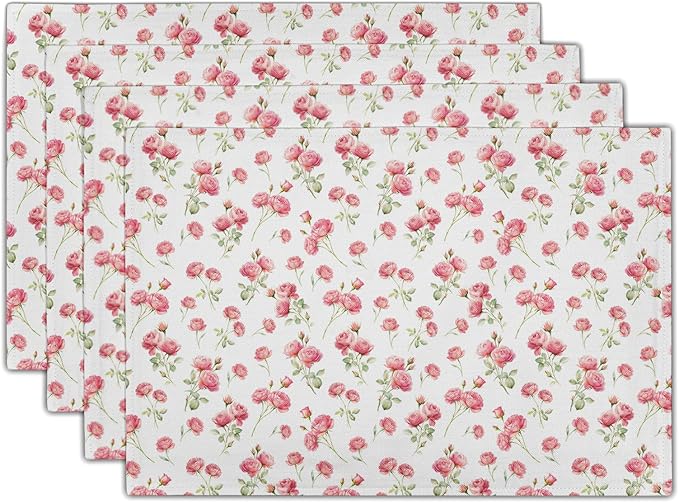Pink Place Mats - Rose Placemats Set of 4 Floral Flower Table Mats 12x18 for Party Kitchen Dining