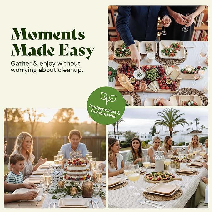 Chic Leaf Palm Leaf Compostable Plates - 6" Square, Pack of 50 - Disposable Dinnerware for Valentine's day, Rustic Bamboo Appetizer Plates, Romantic - Charcuterie Boards & Biodegradable Serviceware