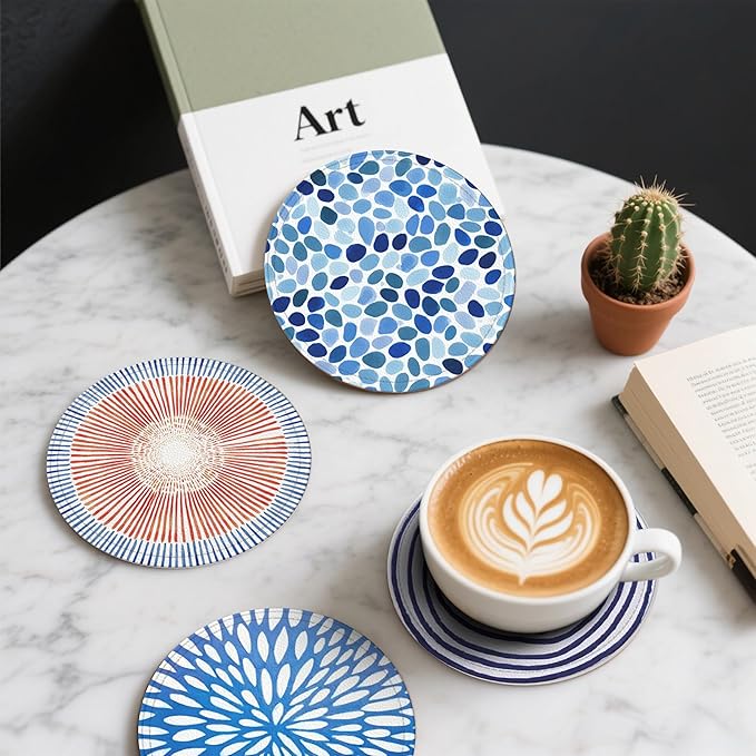 Mid Century Coasters Leather Round Drink Coasters 6 Pcs Set with Holderor for Cup Drink Coffee Table Bar Home Decor
