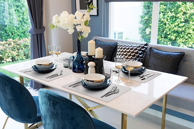 More Décor Faux Leather Placemats Set of 6 for Dining Table – Waterproof, Wipeable, Washable, Stain & Heat Resistant, Non-Slip Table Mats – 12 X 17 Inch, (Solid Silver 6)
