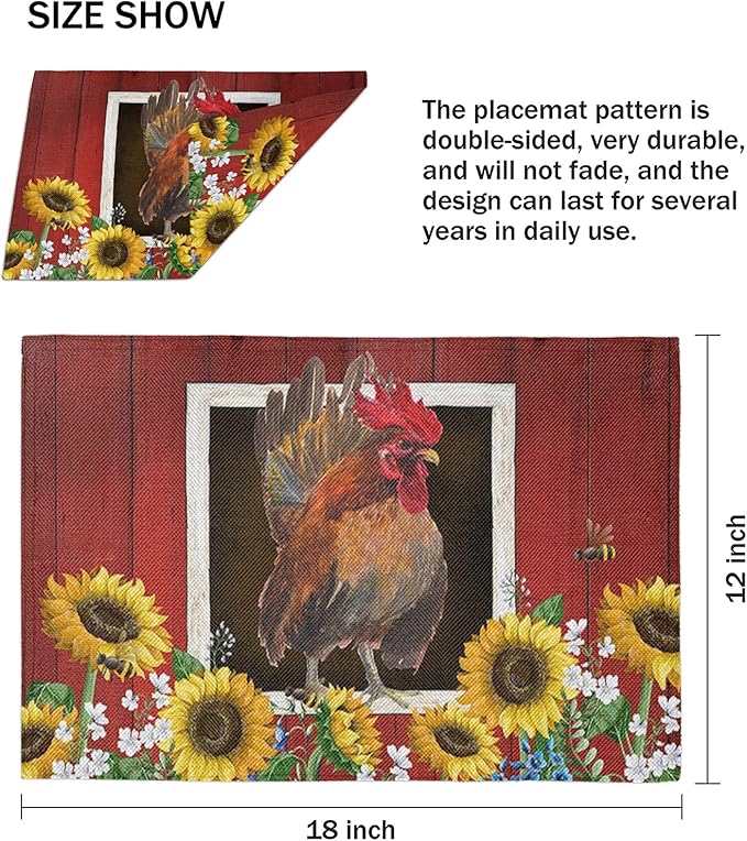 Watercolor Red Barn Cock Placemat Set of 6, Rooster Sunflowers Heart Heat-Resistant Washable Table Place Mats for Kitchen Dining Table Decoration