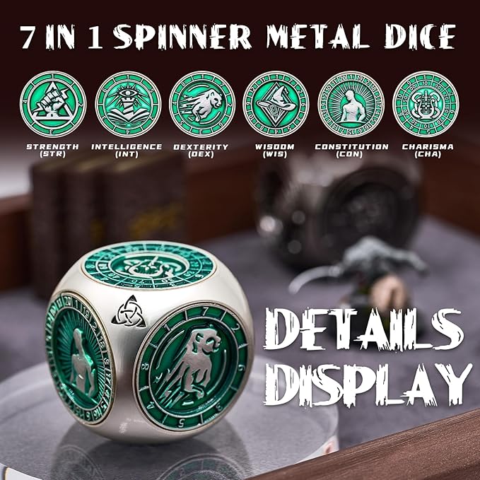 Spinner Metal DND Dice Set, 7-in-1 Polyhedral Dice Set for Tabletop RPG (Matte Green)