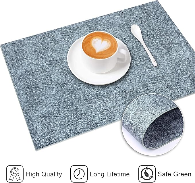 Leather Heat Resistant Placemats Set of 6 Waterproof Wipeable Washable PU Table Mats,Easy to Clean Anti-Slip Place Mats (Blue, 6)