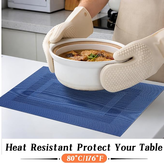 Timeet Blue Placemats Set of 4, Heat Resistant Non-Slip Place Mats, Durable Washable PVC Vinyl Woven Table Mats, Wipeable Placemats for Dining Table Easy to Clean