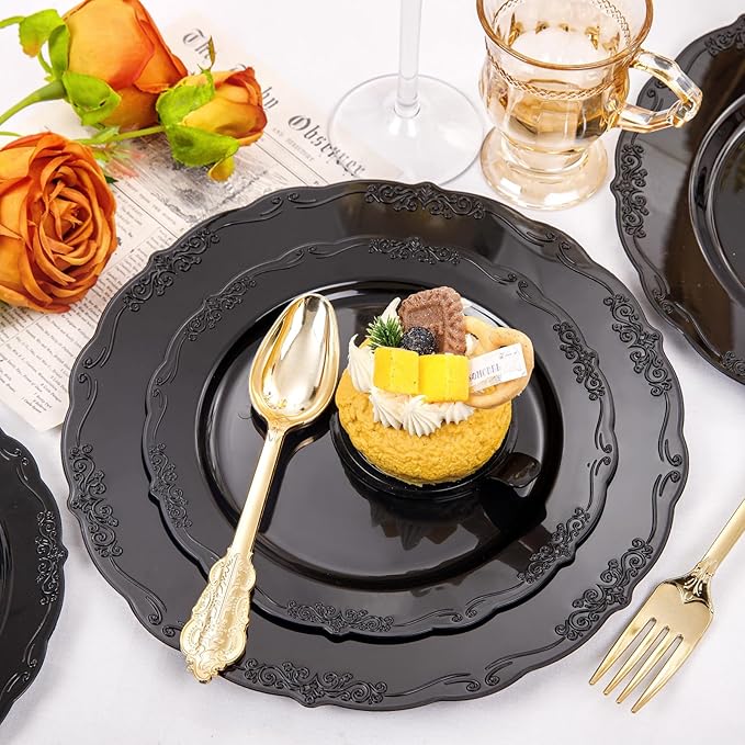 DaYammi 150Pcs Black Plastic Plates & Gold Plastic Silverware,Black Disposable Plates Set Include 30 Dinner Plate, 30 Dessert Plate,30 Golden Knives,30 Gold Forks,30 Golden Spoons for Party Wedding
