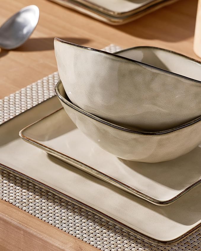 Famiware Dinnerware Sets for 6, Ocean Square 18-Piece Kitchen Plates and Bowls Sets, Microwave and Dishwasher Safe, Scratch Resistant, Light khaki