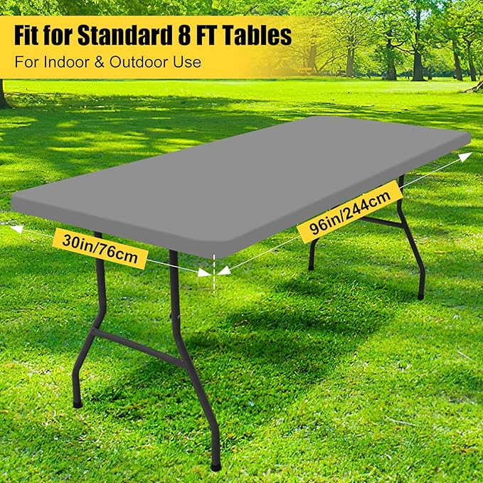 Smiry Rectangle Picnic Table Cloth, Waterproof Elastic Fitted Tablecloths for 8 Foot Tables, Washable Polyester Table Cover for Camping, Indoor and Outdoor (Grey, 30"x96")