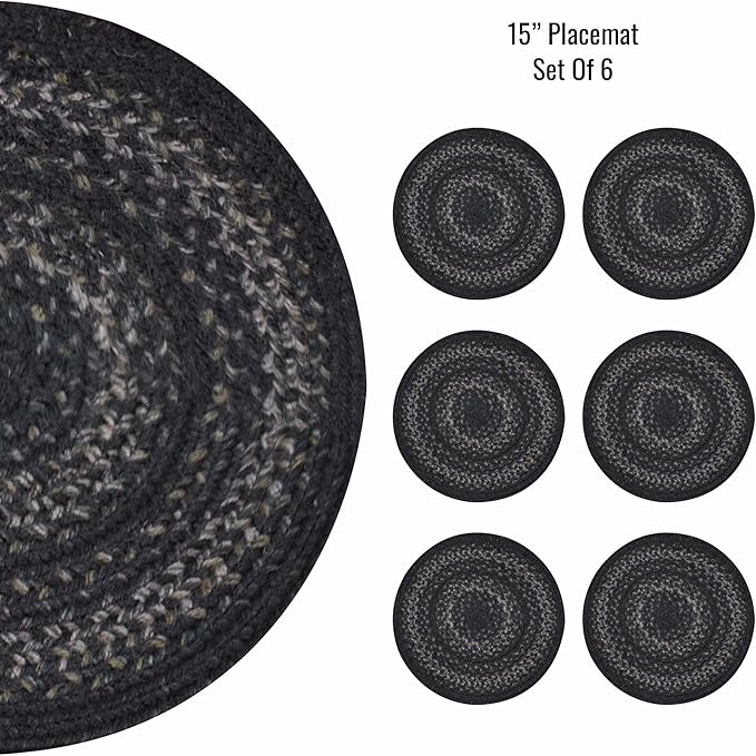 Homespice Jet Black Jute Woven Round Placemats Set of 6, 15", Warm Primitive Decor Table Mats - Vibrant Colors, Durable, Easy to Clean and Protects Furniture