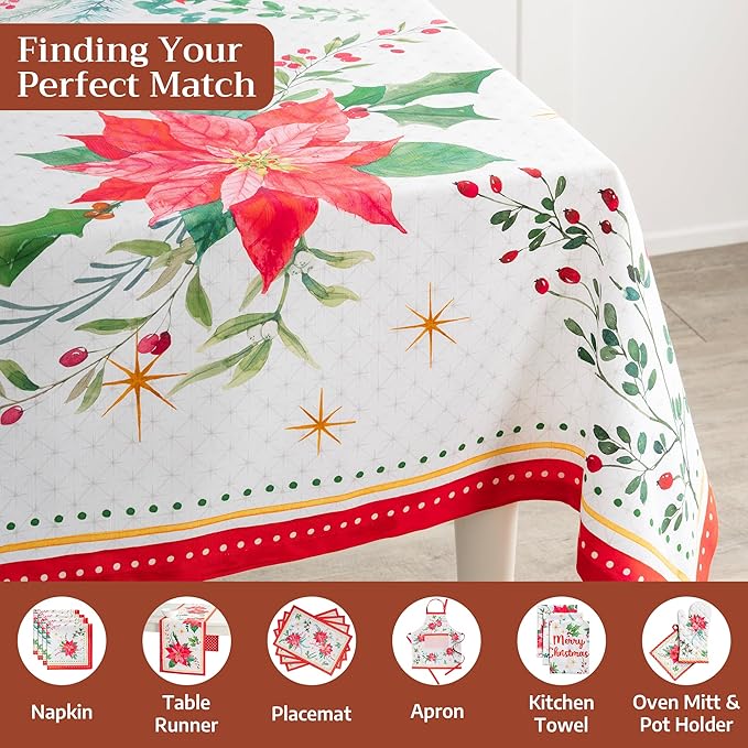 Maison d' Hermine Table Cloth Rectangle Table 100% Cotton 70 x 140 Inches Fall Tablecloth Reusable Everyday Use for Thanksgiving Christmas Decorations Dining Farmhouse Party (Poinsettia Christmas)