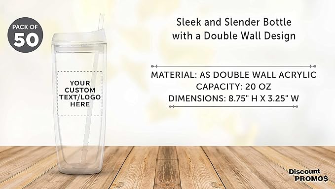 Custom Tall Orbit Acrylic Tumblers 20 oz. Set of 50, Personalized Bulk Pack - Perfect for Iced Coffee, Soda, Other Hot & Cold Beverages - Clear