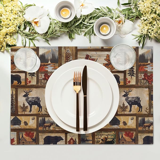Rustic Bear Deer Place Mats - Vintage Cabin Moose Placemats Set of 4 Forest Animal Wildlife Table Mats Lodge Pine Cone Tablemats 12x18 for Dining Kitchen Farmhouse