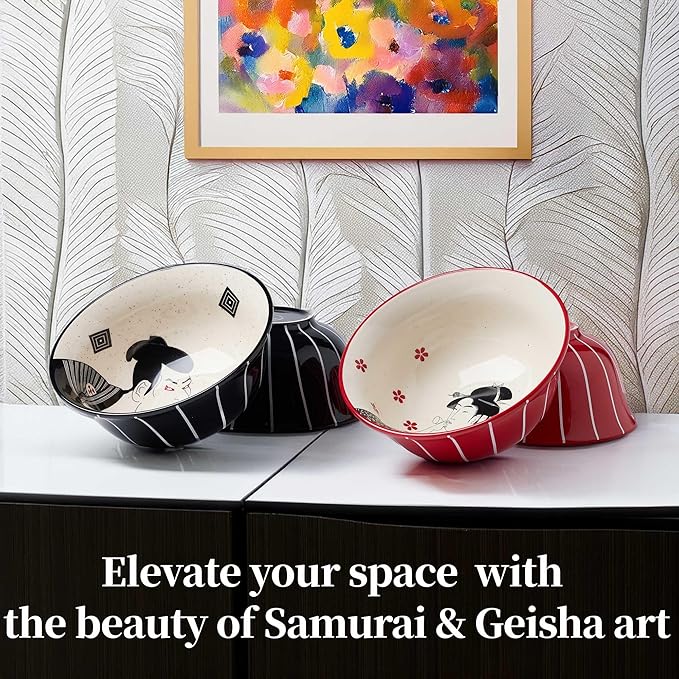 Ramen Bowl Set 45oz, 8inch, Japanese Ukiyo-e Design - Perfect for Ramen, Pho, and Noodles-Durable Ceramic Bowls, Microwave & Dishwasher Safe-Ramen Noodle Bowl Set (Samurai & Geisha)