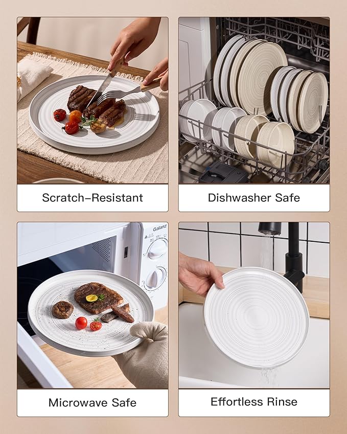 Plates and Bowls Sets for 6 (18-Piece) Stoneware Reactive Glaze Dinnerware with Speckles & Spirals, Chip and Scratch Resistant Straight Dishes Set with Gift Box, Microwave Dishwasher Safe, White