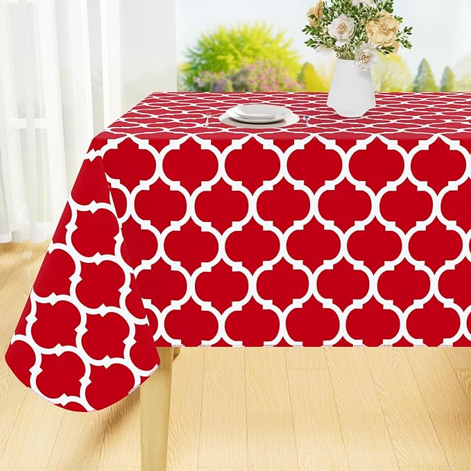 Smiry Rectangle Table Cloth, Waterproof Vinyl Tablecloth with Flannel Backing for Rectangle Tables, Wipeable Spillproof Plastic Tablecloths for Dining, Camping, Indoor and Outdoor (60"x84", Red)
