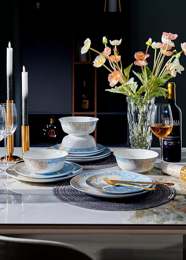 High Bone China Dinnerware Set, 12-Piece Artistic Blue Plates and Bowls, Lightweight & Chip Resistant Ceramic Service for 4, Dishwasher Safe Elegant Kitchen Dining