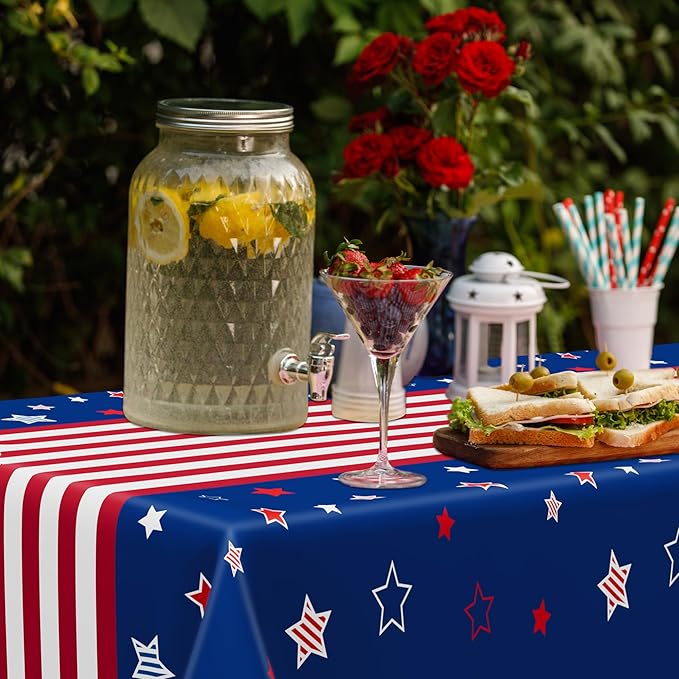 QZYL 2 Pack 4th of July Tablecloth, 54" x 108" American Plastic Table Cover, Disposable Red White Blue Tablecloths Fourth of July Table Cloth, Patriotic Party Supplies Independence Day Decorations
