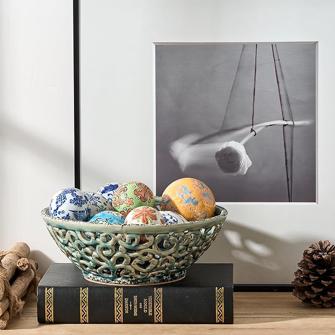 SIDUCAL Ceramic Fruit Bowl for Kitchen Counter,Decorative Fruit Basket with Holes, 10.43" Large Hollow Out Fruit Vegetable Holder Bowl for Table Decor, Blue