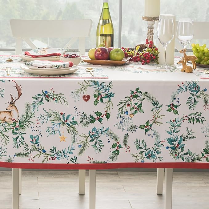 Maison d' Hermine Table Cloth Rectangle Table 100% Cotton 60 x 90 Inches Fall Tablecloth Reusable Everyday Use for Thanksgiving Christmas Decorations Dining Farmhouse Party (Holly Time)