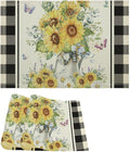 Vintage Sunflower Theme Placemat Set, Rustic Farmhouse Vivid Lavender Floral Butterflly Black White Check Pattern Home Decor Linen Table Mats for Dining Room Kitchen Party (17x12in) x2P