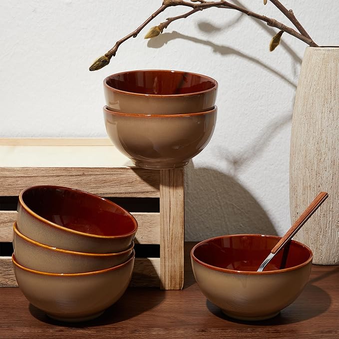 5.5" Cereal Bowls & Dessert Bowls Set of 6-22 Oz Small Bowls for Kitchen-Ceramic Bowl for Cereal, Soup, Oatmeal, Salad, Ramen, Noodle, Rice, Yogurt-Dishwasher & Microwave Safe, Brown Yellow