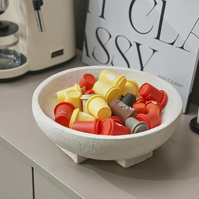 Beige Decorative Bowl, Large Fruit Bowl for Kitchen Counter, Resin Pedestal Key Bowls for Entryway Table, Coffee Table Centerpiece
