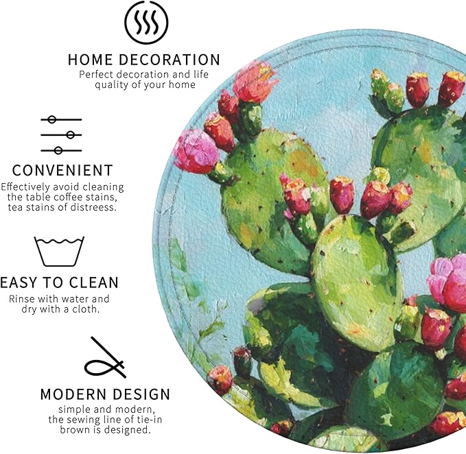 Cactus Coasters Leather Round Drink Coasters 6 Pcs Set with Holderor for Cup Drink Coffee Table Bar Home Decor