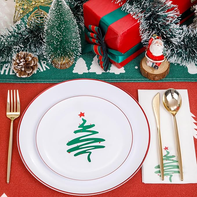 LIYH 60 Pcs Christmas Plates Disposable Heavy Duty, White Plastic Christmas Plates with Red Rim, Tableware Dishes, Xmas Party Decorations Holiday Party Supplies Serve for 30 Guests