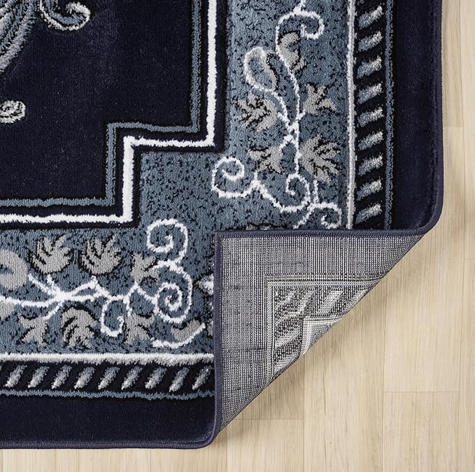 Modern 8 x 10 Rug for Living Room - Navy Oriental Large Area Rugs for Living Room, Dining & Bedroom - Hand Carved Runner Carpet - Durable Polyester - Non-Fade, Stain-Resistant - Turkish Made