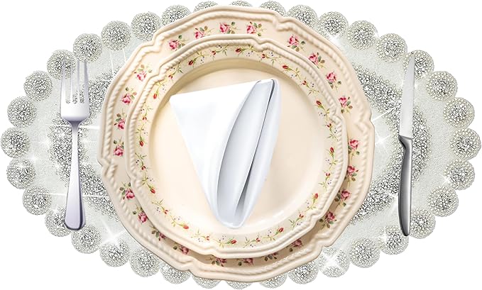 Sparkling Silver Diamond Placemats Bling Oval Place Mat Heat Elegant Table Decor for Weddings, Holidays, and Special Events (15x9 Inch)-2 PCS