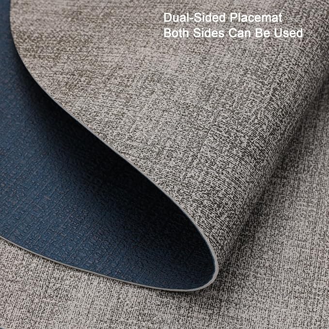 Placemats and Coasters, Washable Reversible Placemats Round Faux Leather Wipeable Place Mats Non Slip Heat Resistant Indoor Outdoor Table Mats (Set of 4, Gray Blue)