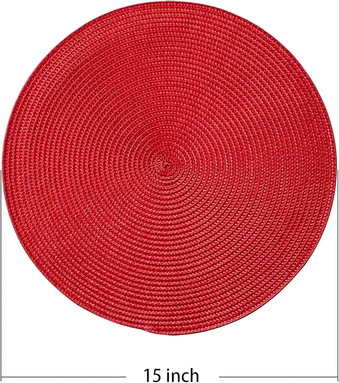 AHHFSMEI Round Braided Placemats 15 Inch Round Table Mats for Dining Tables Natural Woven Heat Resistant Place mats Set of 8 (red,8)
