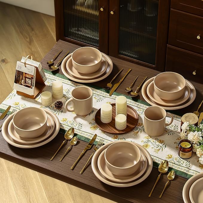 GZG Vintage Series - Ceramic Dinnerware Set for 8, 24 Pieces Stoneware Plates and Bowls Set, Lead-Free, Handcrafted Dishes Set, Microwave & Dishwasher Safe - Warm Apricot