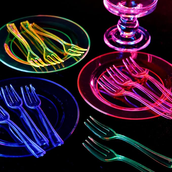 supernal 200pcs Appetizers Plates includ 100pcs Plastic Forks 100pcs Neon Party Plates Colorful Rainbow Disposable Party Plate and Dispsoable Forks Set for Party Catering Birthday