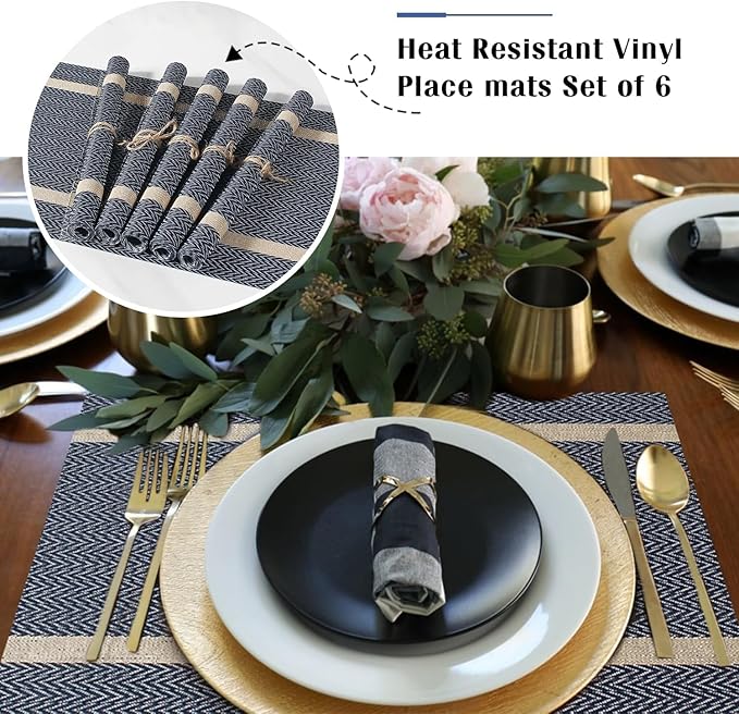 FAVE Placemats Set of 8 Blue Placemats Woven with Golden Thread Durable and Wipeable Vinyl Placemats Table Mats Set of 8 for Wedding, Banquet, Birthday, Party, Restaurant (Blue, 12"x18"-8PCS)