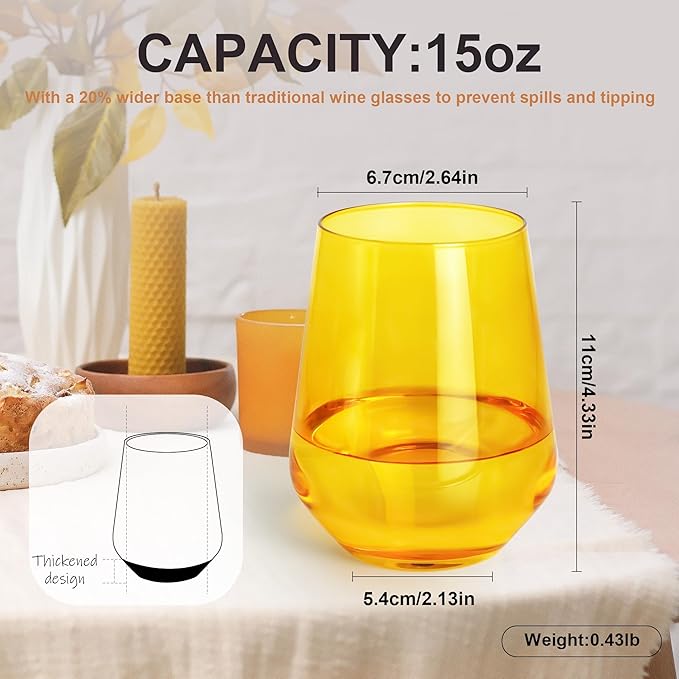 Multi Colored Stemless Wine Glasses Set of 6, 15oz Drinking Glassware Dishwasher Safe, Wine Glass Tumblers for Red or White, Gift for Party, Holiday, Anniversary, Restaurant, Bar, Daily Use