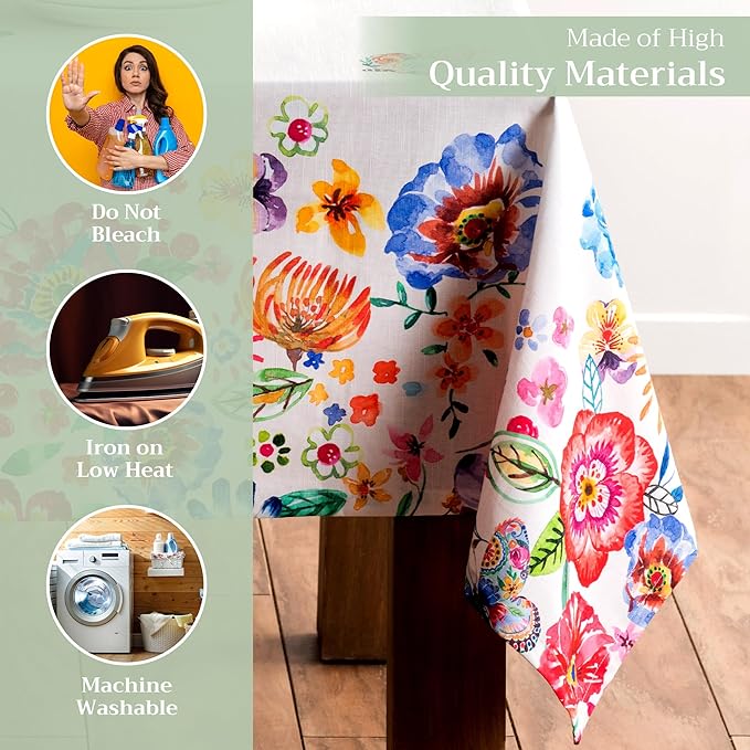 Maison d' Hermine Table Cloth Rectangle Table 100% Cotton 60 x 120 Inches Tablecloth Reusable Decorative for Dining Room Farmhouse Valentines Day Decorations Spring Summer- Happy Florals - High Summer