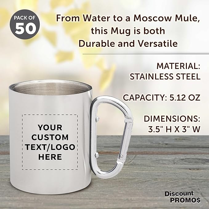 Custom Stainless Steel Mugs with Carabiner Handle 10 oz. Set of 50, Personalized Bulk Pack - Perfect for Coffee, Soda, Other Hot & Cold Beverages - Silver