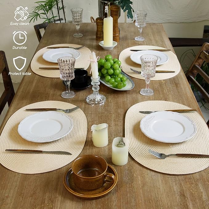 FunWheat Oval Braided Placemats Set of 8 Table Mats for Dining Tables Washable Heat Resistant Place Mats for Indoor Outdoor Use 12 x18 Inch(Oval Beige, 8pcs)