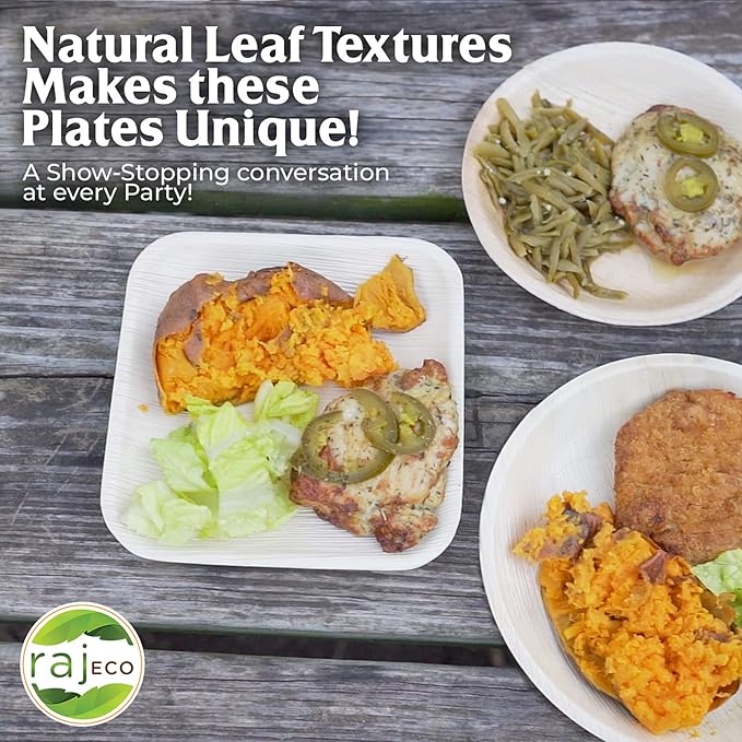 Raj Disposable Palm Leaf Plate [100-Pack] Large Square Plates Strong and Reusable Party Plate Like Bamboo Plates - Decorative Compostable Tableware for Lunch, Dinner, Birthday, Camping