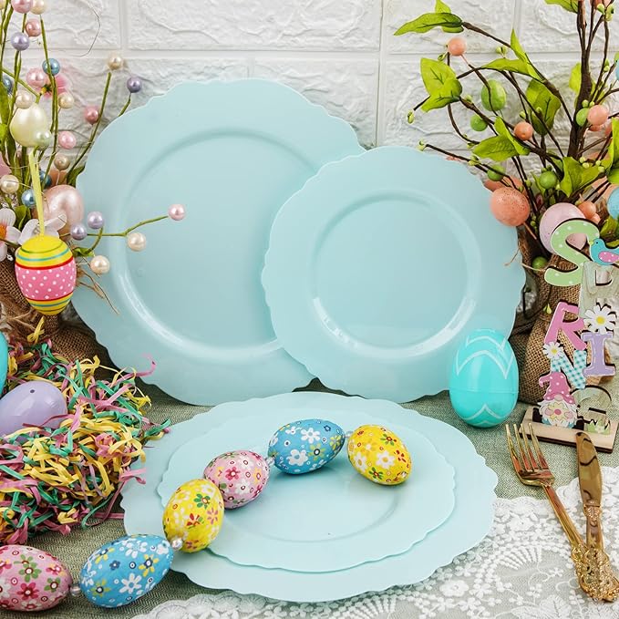 WDF 60pcs Mint Green Plastic Plates - Baroque Dinner Plates Including 30 Green Plates Disposable10.25inch, 30 Dessert Plates 7.5inch for Upscale Wedding, Parties