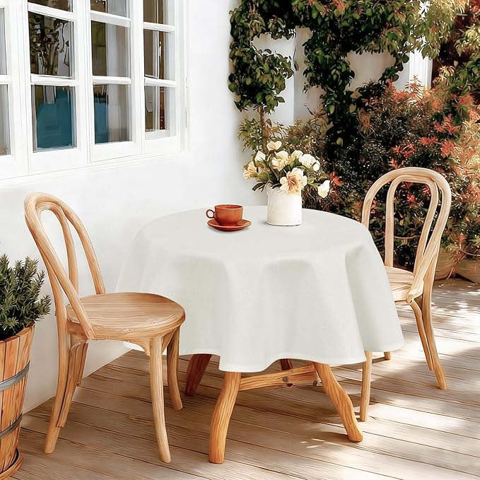 JIUZHEN Round Textured Table Cloth Linen Wrinkle Free Stain Resistant Farmhouse Decorative Circular Tablecloth for Kitchen, Dining, Party, Wedding, Outdoor Use (45 Inch Round,White)