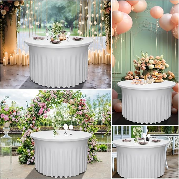 2 Pack 48" Diameter x 30" Height White Table Skirt | Fits 4FT Round Tables |Polyester Spandex Round Table Cloths with Skirt|Stain 、Wrinkle Resistant、 for Wedding,Party,Dining,Banquet