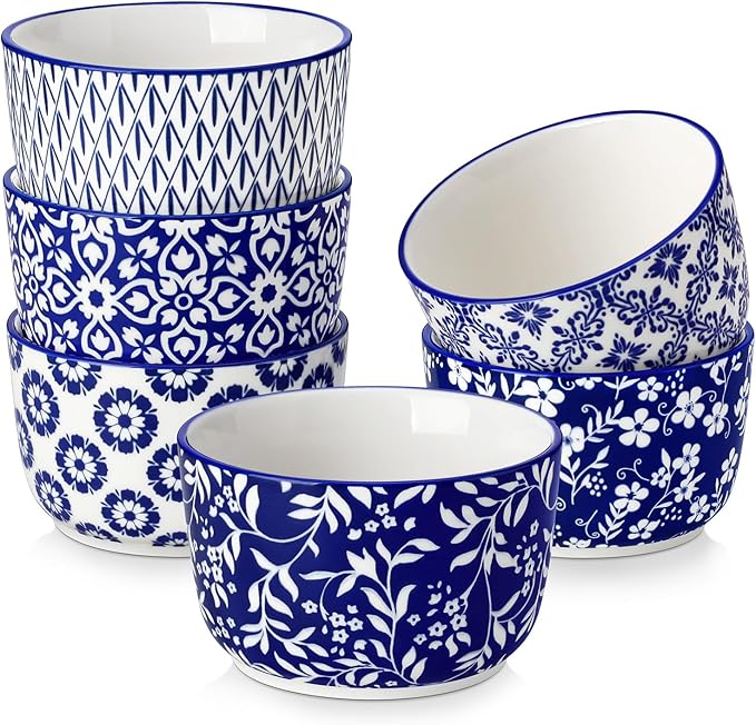 vancasso Selene 8 oz Ceramic Ramekins Set of 6, Large Capacity Oven-Safe Baking Cups for Soufflés, Snack Serving, Desserts, Blue and White Serving Bowls
