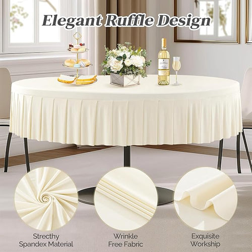 1 Pack Ivory Spandex Round Tablecloths for 72in Table, Stretchy Fitted 6FT Round Table Cloths, Wrinkle Free Table Cover with Skirt for Wedding Birthday Party Bridal Shower Banquet