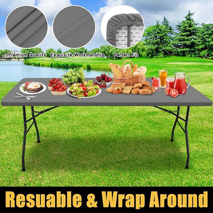 Smiry Rectangle Picnic Table Cloth, Waterproof Elastic Fitted Tablecloths for 6 Foot Tables, Washable Polyester Table Cover for Camping, Indoor and Outdoor (Grey, 36"x72")