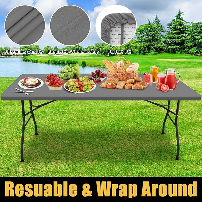 Smiry Rectangle Picnic Table Cloth, Waterproof Elastic Fitted Tablecloths for 5 Foot Tables, Washable Polyester Table Cover for Camping, Indoor and Outdoor (Grey, 30"x60")