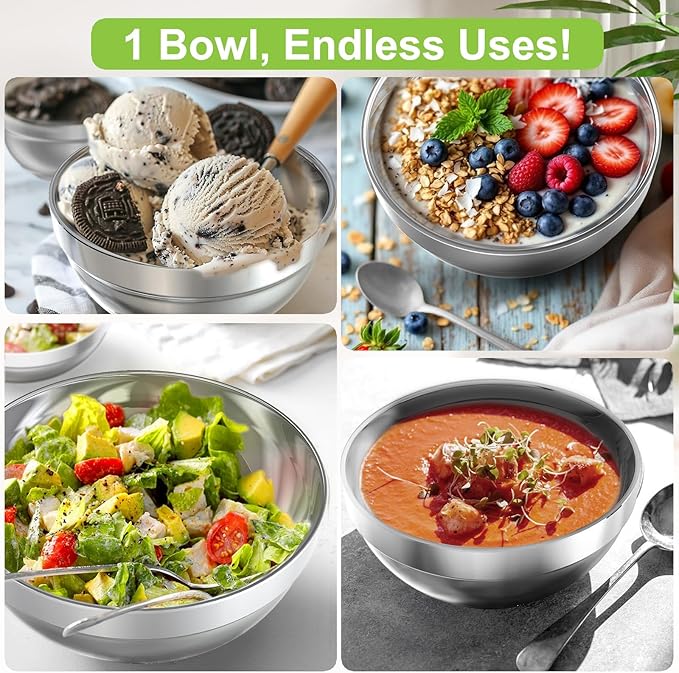 Stainless Steel Bowls, 4 Pack 7in 52.4oz 1550ml Large SUS304 Double Wall Insulated Stackable Metal Hot Soup Bowl Containers for Dishes Serving Cereal Snacks Ice Cream Food Rice Salad