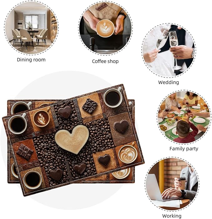 Coffee Placemats Set of 6, Cafe Table Mats, Washable Place Mats for Coffee Bar Home Party Indoor Kitchen Dining Table Decoration 12x18 Inch