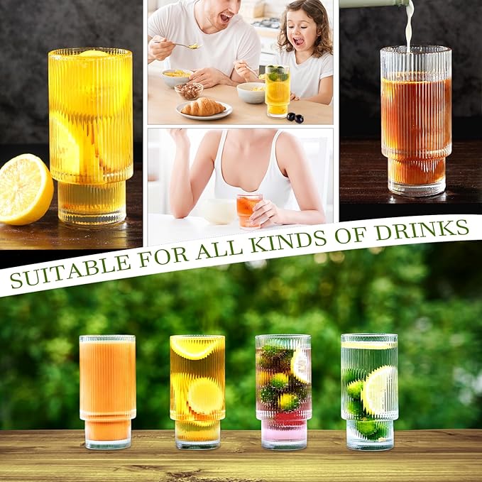 Ribbed Glassware Vintage Drinking Glasses - 16 oz Glassware Stackable Highball Origami Style Glass Cup Fluted Vertical Stripes Romantic Water Drinking Cups Set of 6 Dishwasher Safe