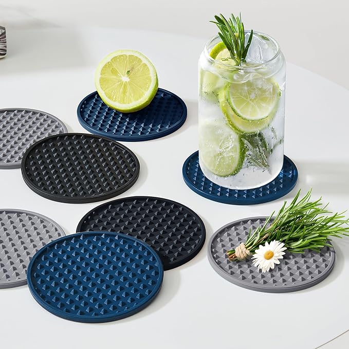 Coasters for Drinks, Silicone Coasters Set of 12 with ABS Holder, Outdoor Coaster for Coffee Table, Non-Slip Rubber Table Cup Mat Desk, Heat Resistant & Scratch-Proof (Navy Blue)